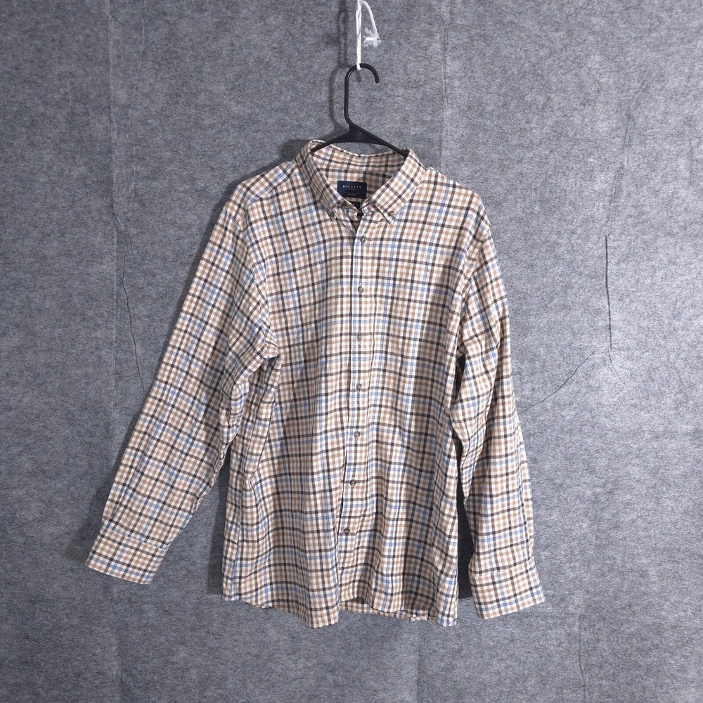 Hackett London Mens Size 2XL XXL Brown Plaid LS Slim Fit  Cotton Gingham Preppy